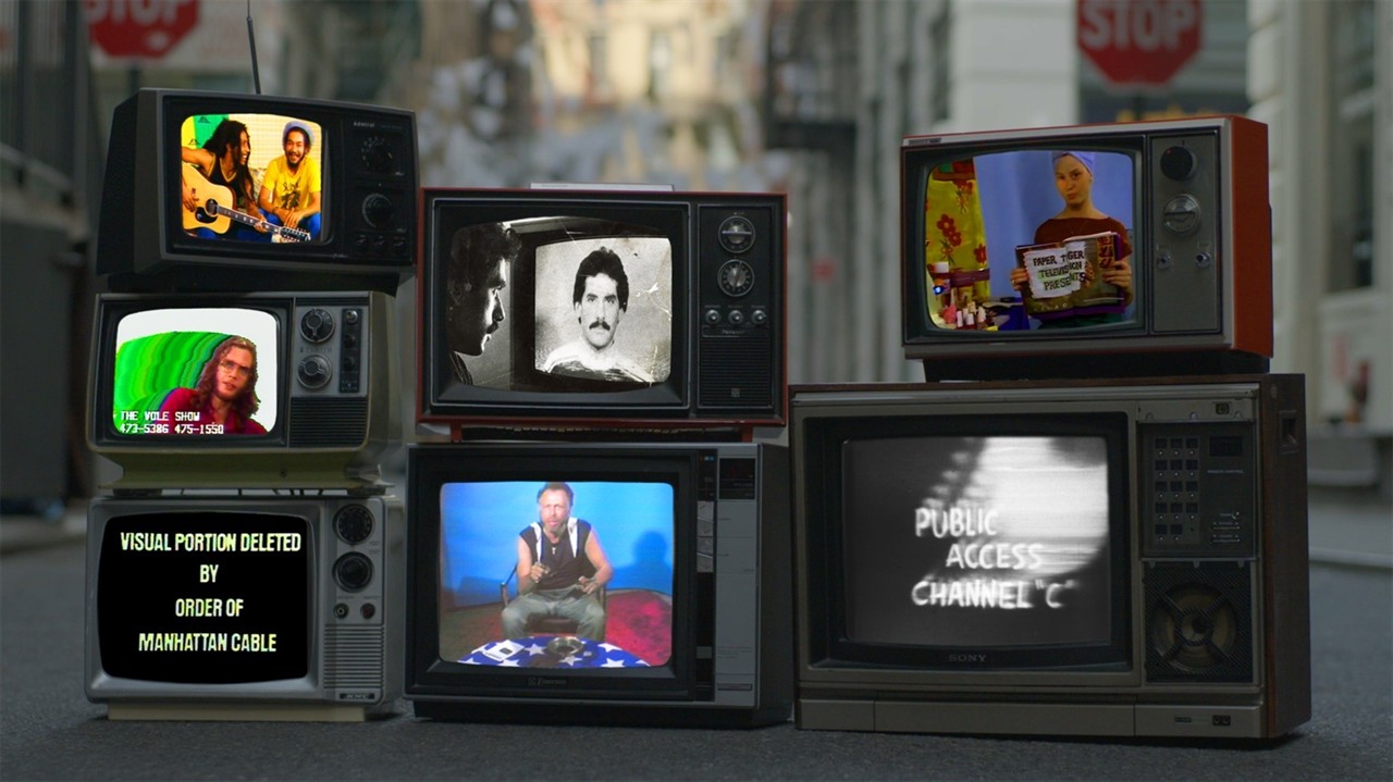 Old-fashioned TVs showing a variety of programs